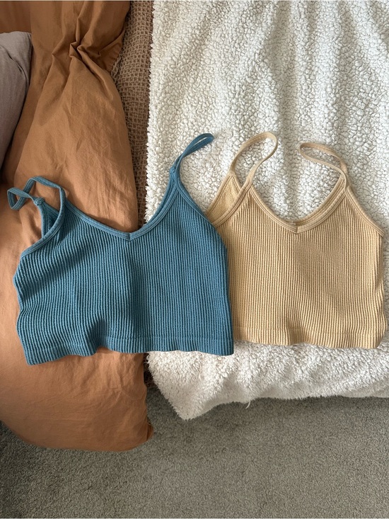 By Together Tops - By Together Ribbed V-Neck Crop Tank Top - Blue and Beige